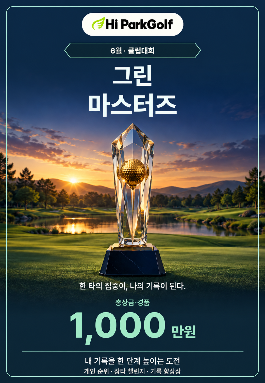 6월 그린 마스터즈. 한 타의 집중이, 나의 기록이 된다. 총상금·경품 1,000만원. 크리스털 트로피와 저녁빛 잔디.