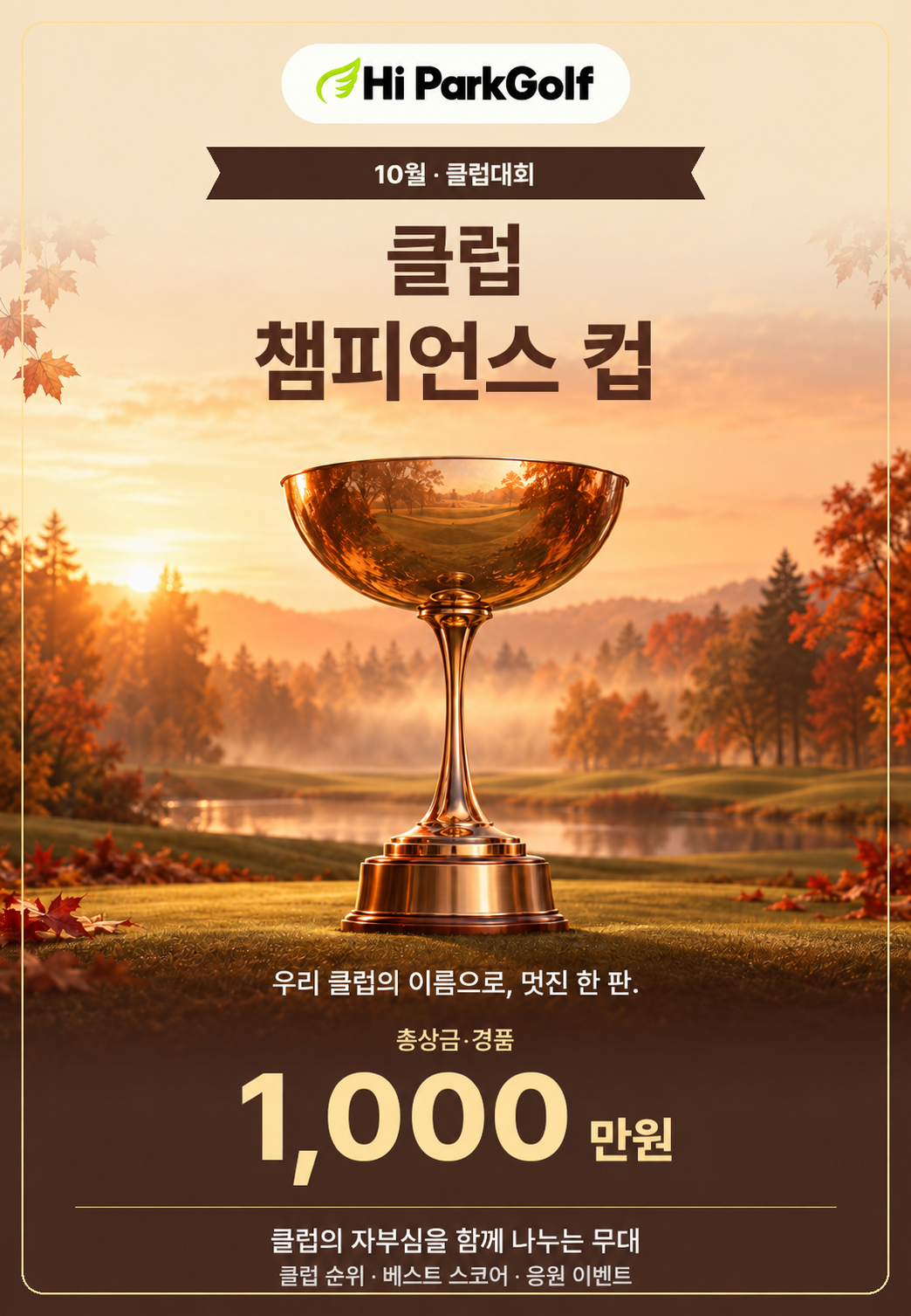 10월 클럽 챔피언스 컵. 우리 클럽의 이름으로, 멋진 한 판. 총상금·경품 1,000만원. 구릿빛 트로피와 가을 숲.